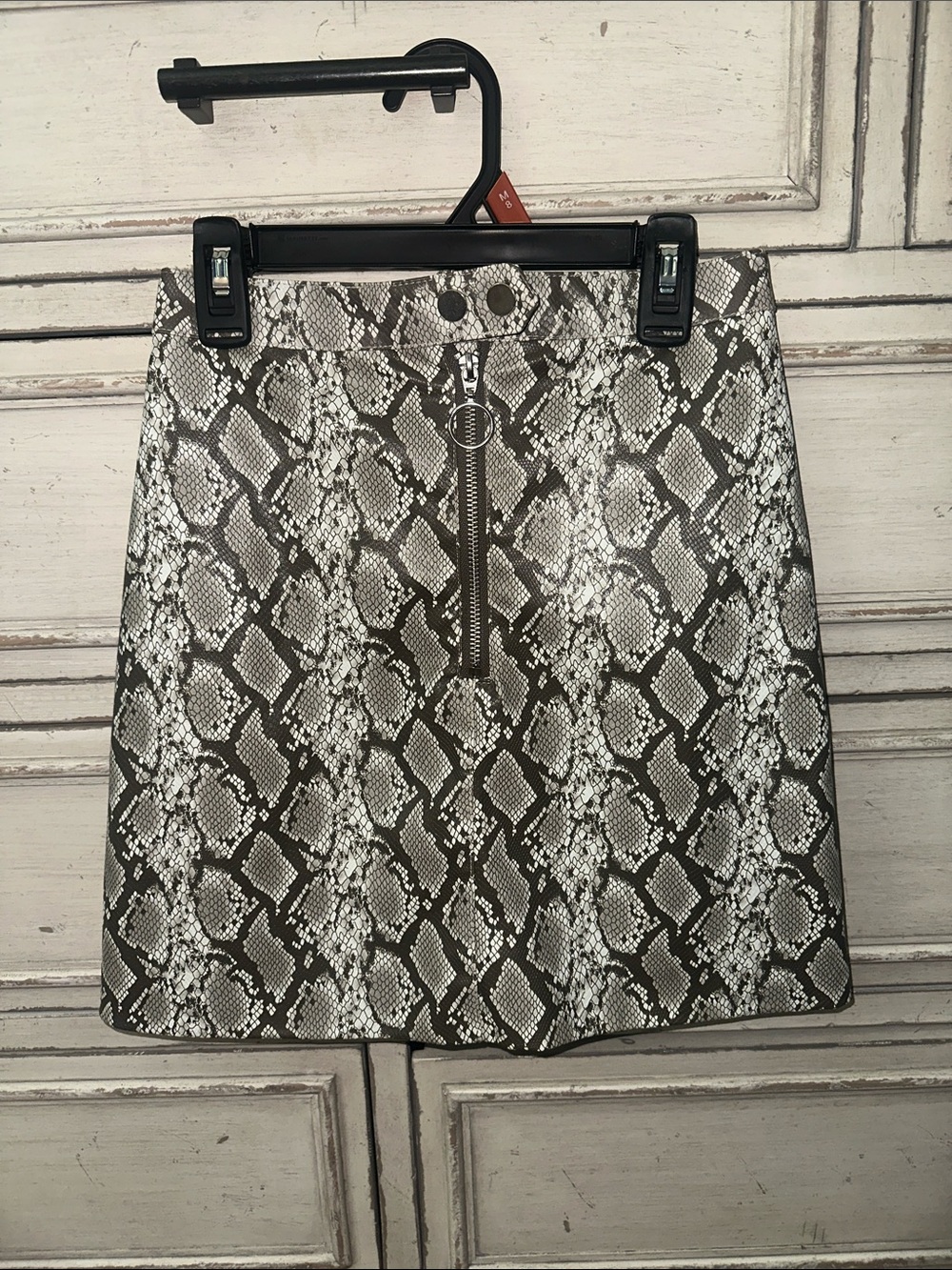 Divided Black and White Faux Snakeskin Mini Skirt with Front Ring Zip